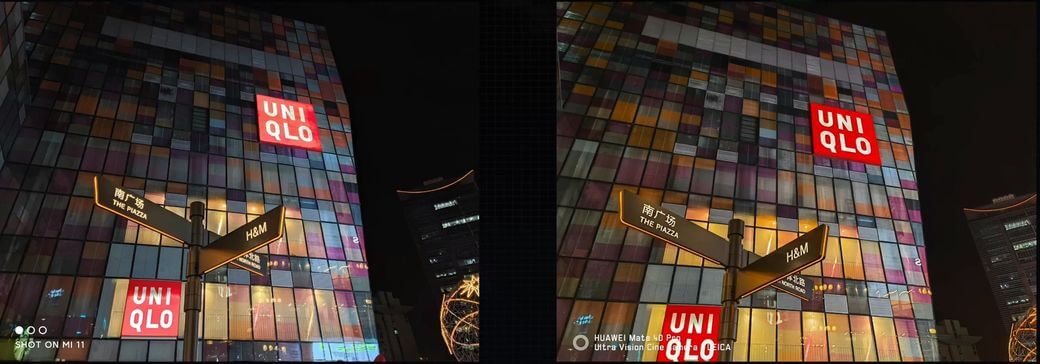 сравнение фотографий в ночное время Xiaomi Mi 11 и Mate 40 Pro